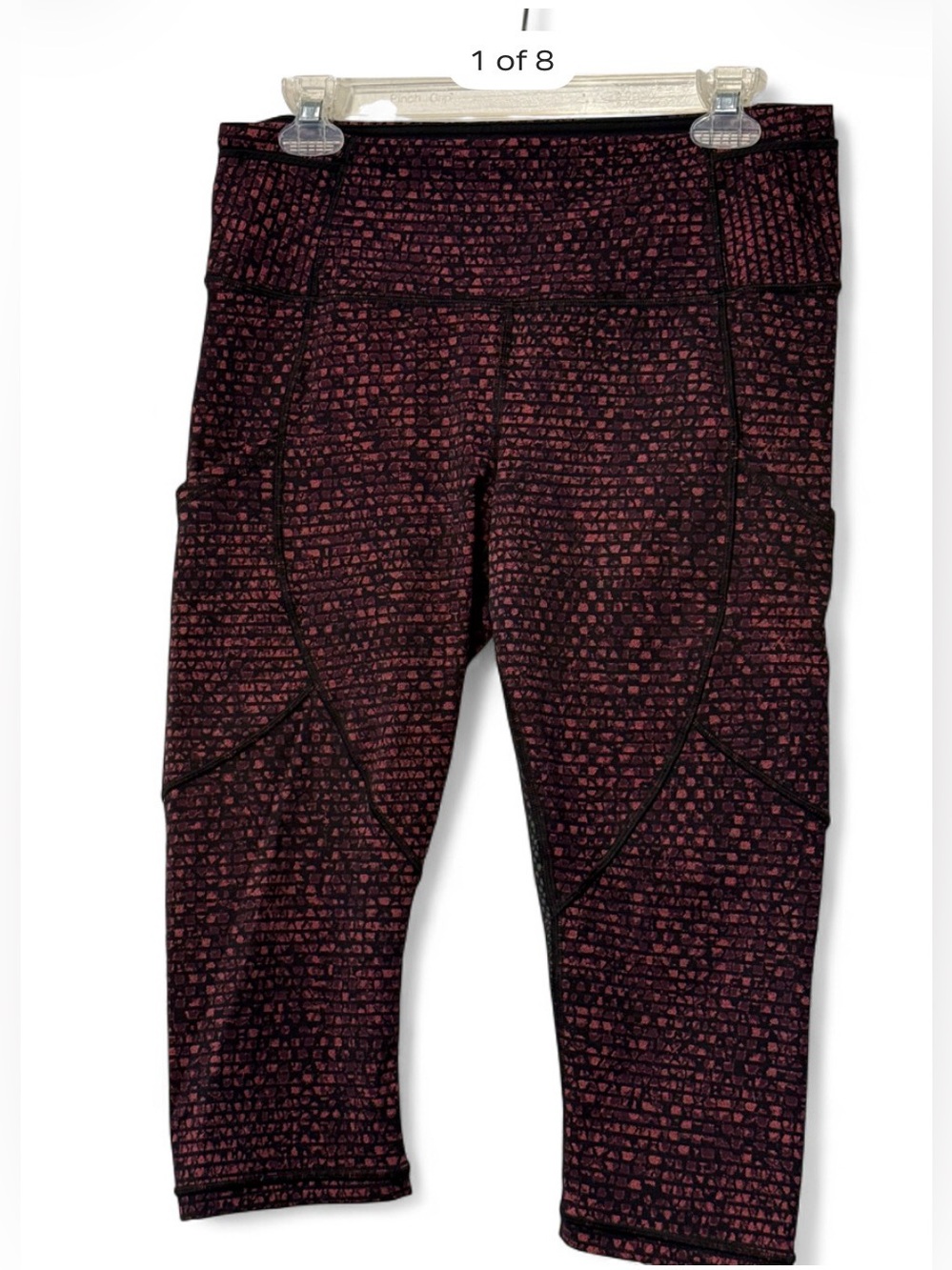 Lululemon Mesh Panel Crop Leggings Size 10 Dark Plum Maroon Patterned Pockets